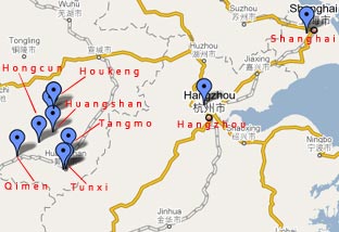 Map of Tea Tour 2009 showing Shanghai, Hangzhou, Houkeng, Huangshan, Tangmo, Tunxi, Qimen and Hongcun.