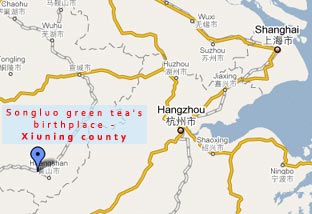 Map showing Xiuning County - birthplace of Songluo green tea