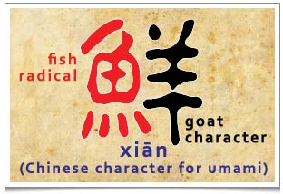 The chinese character for Umami is made up with the character of fish and goat. This character is closely related to a 4300years old dish of 'Hidden Goat Sprawling Fish'. See recipe below. The chinese character for Umami is made up with the character of fish and goat. This character is closely related to a 4300years old dish of 'Hidden Goat Sprawling Fish'. See recipe below.