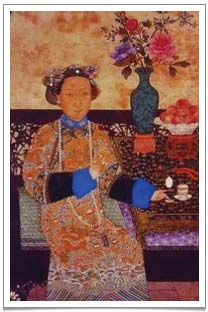 A painting of the Empress Dowager in her casual costume drinking tea from her gaiwan teacup.