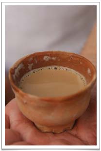 A chullarh of creamy spicy and sweet masala chai. Chullarh is a single-use cup and when the tea is finished, one simply throws the cup on to the ground which breaks into pieces and disintegrates – return to mother earth, as they say..